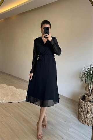 Neşeli Butik Kadın Midi Boy Kruvaze Yaka Kuşaklı Şifon Elbise Nm013 Siyah
