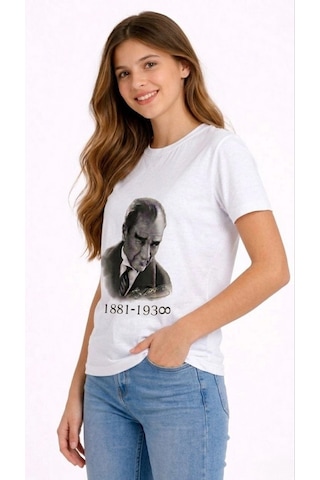 Primemağazam Kız Çocuk Atatürk Baskılı Tişört Kısa Kollu Bisiklet Yaka T-shirt - Beyaz Çeşitli