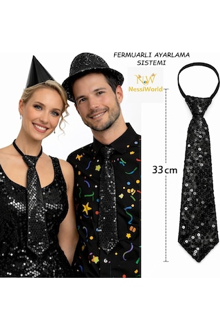 Nessiworld Siyah Renk Pul Payetli Işıltılı Parti Kravatı 33 Cm