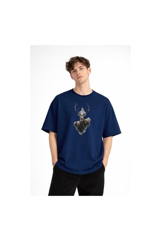 Misa Tahtakale Deer - Oversize Erkek Tişört Koyu Mavi Çok Renkli