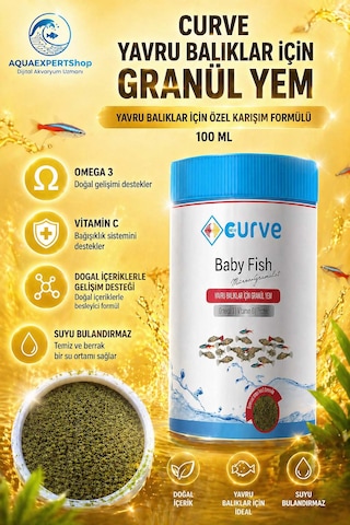 Curve Yavru Balıklar Için Granül Yem - 100 Ml - Özel Karışım Formüllü - Omega 3 - Vitamin C - Protein Içerikli Balık Yemi