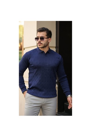Butik İstanbul Erkek Saç Örgü Desen Uzun Kollu Triko Lacivert