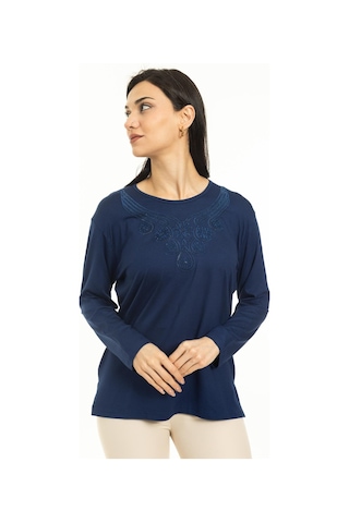 Kadın Orta Yaş Ve Üzeri Yeni Model Yuvarlak Yaka Likralı Anne Penye Bluz 30550-indigo