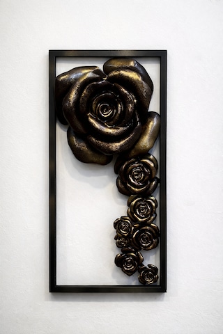 3d Kabartmalı Bronz-koyu Kahve Gül Duvar Dekoru Modern Çerçeveli Tasarım 30x66x10 Cm