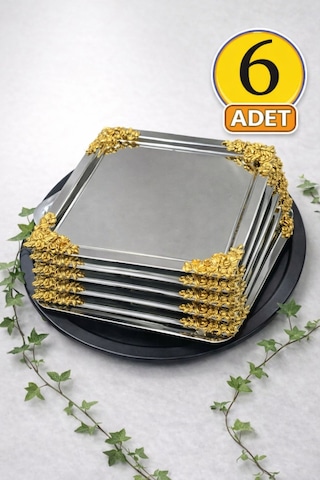Jasper 6'lı Lüx 4 Köşesi Gold Çiçekli Kare Gümüş Kaplama Model Çay-kahve İkram Servis Sunum Tepsisi