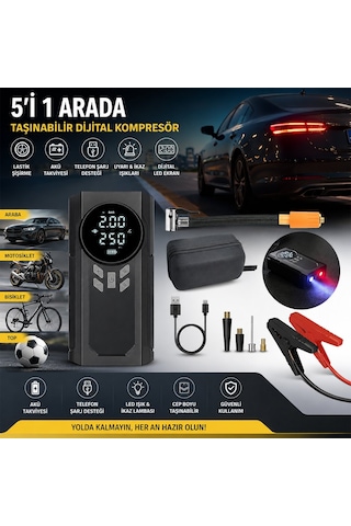 Yage Ka-841 Akü Takviyeli Kompresörlü Hava Pompası 12v 4ın1 Fener Powerbank Dijital Ekran