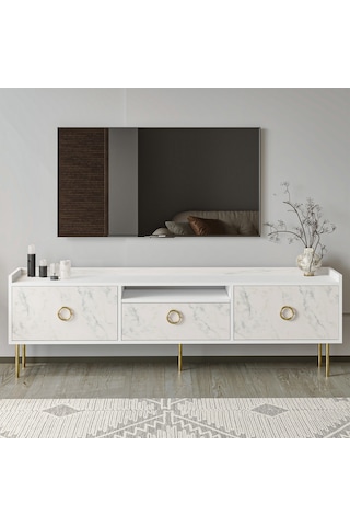 T0015 Lidya Kapaklı, Açık Raflı Tv Sehpası - Beyaz/mormo Beyaz Mermer Beyaz/mormo Beyaz Mermer