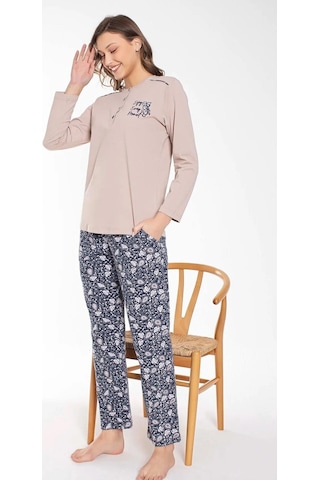 Senfoni Kadın Düğme Yaka Uzun Kol Pamuklu Pijama Takımı 6021 -1 Adet 001