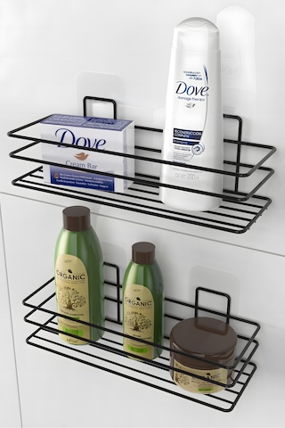 Karteya Yapışkanlı Banyo Rafı Mat Siyah Banyo Şampuanlık Duşakabin Duş Askısı 2 Li Set Siyah