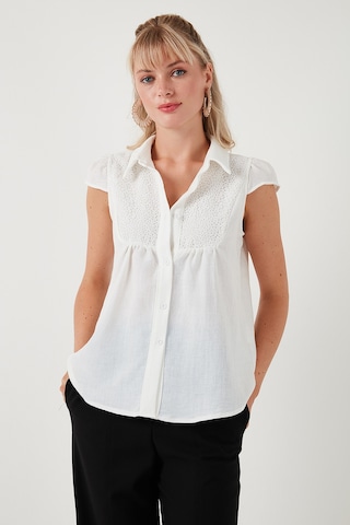 Lela Dantel Detaylı Kısa Kollu Regular Fit Bayan Gömlek 611Go0215 Ekru