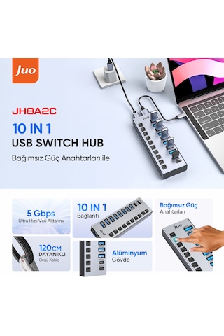 Juo Usb-a 10 Portlu Anahtarlı 8 Usb-a 2 Type-c 5gbps Usb 3.1 Çoklayıcı Dönüştürücü Hub