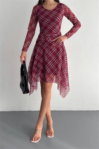 Dipmoda Kadın Mini Boy Desenli Asimetrik Tül Elbise Dpk4162 Bordo