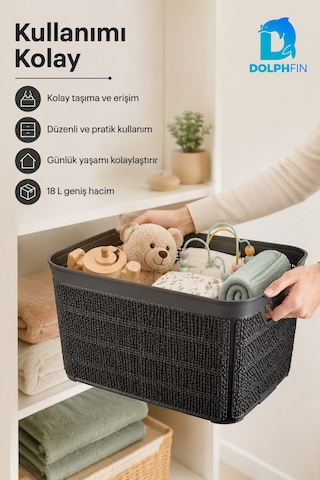 Jute Çok Amaçlı Kutu 18 L Plastik Mutfak Banyo Dolap İçi Düzenleyici Siyah