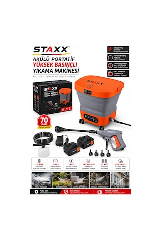Staxx Kr70bar Yeni Nesil 21v X2 Akülü Portatif Basınçlı Yıkama Makinesi 70 Bar Köpük Tanklı Araç