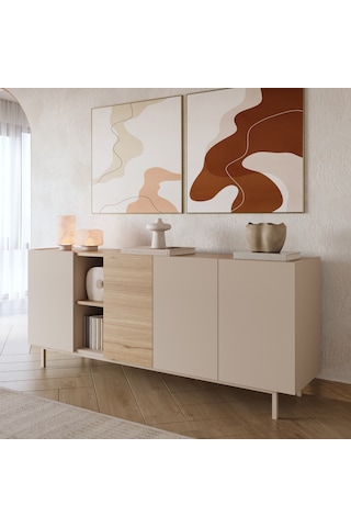 Robin Home Luka Konsol 4 Kapaklı Raflı Ahşap Ayaklı 180cm Kumsal-sepet Bej