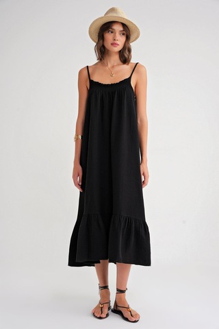 4740 Kadın Askılı Müslin Midi Elbise Siyah Siyah