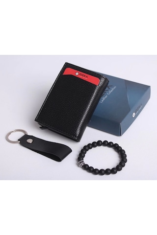Ozka Leather Collection Kişiye Özel Yeni Trend Otomatik Mekanizmalı Cüzdan - Anahtarlık Ve Bileklik Hediyeli Siyah