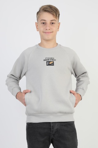 Kanguru Cepli Baskılı Detaylı Erkek Çocuk Sweatshirt-90881 Gri