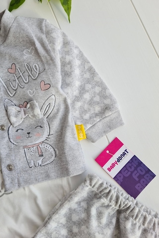 Babydonat Stay Little Puan Desenli 3'lü Hırkalı Kız Bebek Takım Gri