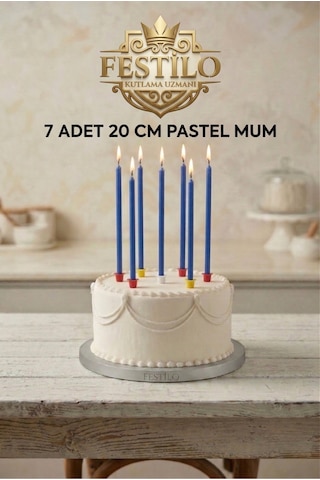 7'li Uzun Mum 20 Cm Pasta Mumu Mavi Pastel Renk Parti Malzemeleri Doğum Günü Süsleri