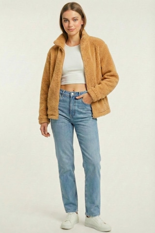 Kadın Peluş Tam Fermuarlı Cepli Sherpa Kuzu Kumaş Oversize Peluş Polar Sweatshirt Bej