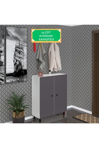 Kenzlife Ayakkabılık Galoş6 Gribyz 53 080 32 Kapaklı 6 Raflı 24 Çift Ayakkabı Kapasitesi Ahşap