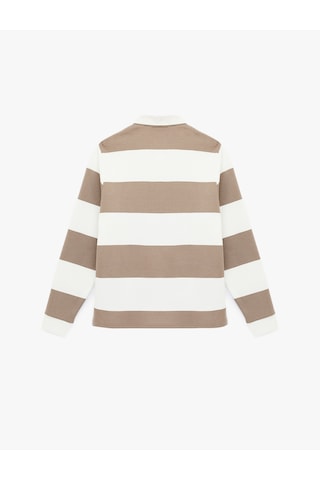 Koton Regular Fit Uzun Kollu Şardonlu Düğmeli Polo Yaka Sweatshirt Bej Çizgili 6wam70297mk Ekru Çizgili