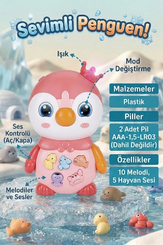Müzikli Ve Işıklı Penguen İnteraktif Bebek Oyuncağı 10 Melodi 5 Hayvan Sesi