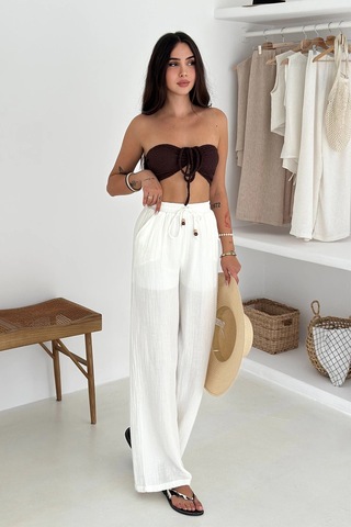 Beli Lastikli Geniş Paça Pantolon Beyaz Beyaz