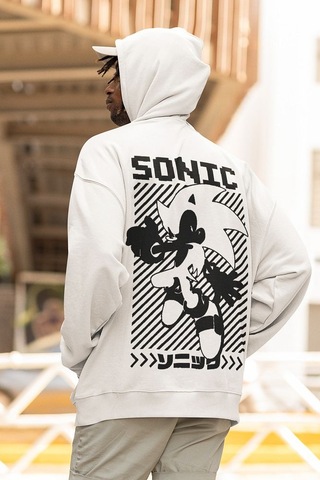 Sevbano Sonic Çizgi Film Baskılı Unisex Oversize Karakter Hoodie Beyaz