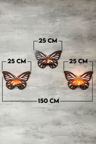 Dekoratif Ceviz Kelebek Duvar Rafı 3 Lü Set 25 Cm Duvar Mumluğu - Mumluk Raf - Ahşap Desenli Siyah