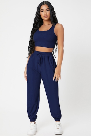 Moda Dua Kadın Lacivert Kaşkorse Cepli Jogger Eşofman Altı Ve Crop Top Bluz