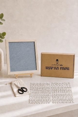 Woodart Premium Letter Board Seti, Füme Antrasit Keçe Yüzeyli Doğal Çam Ahşap Yazı Panosu Şövale Standlı Dekoratif Set Gri