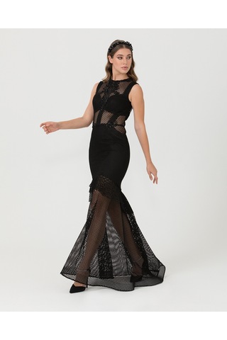 Balık Form Sıfır Yaka Tül Abiye-siyah Siyah