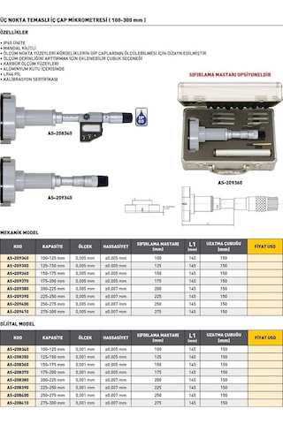 Fett As-209400 250-275 mm Asimeto Mekanik 3 Nokta Temaslı İç Çap Mikrometresi