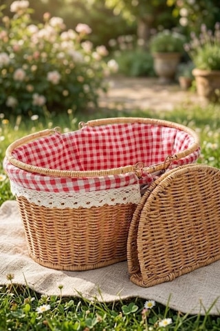 Atbyhome Hasır Piknik Sepeti Kapaklı Ve Bezli Rattan Sepet Organizer 40x29x18 Kahverengi