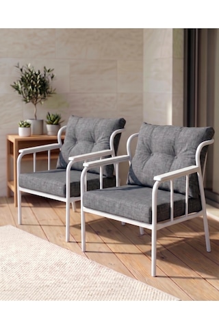 Paris Metal İskeletli Gri Keten Dokulu Balkon Bahçe Berjeri 2 Li Set Beyaz Gövde Modern Tekli Koltuk