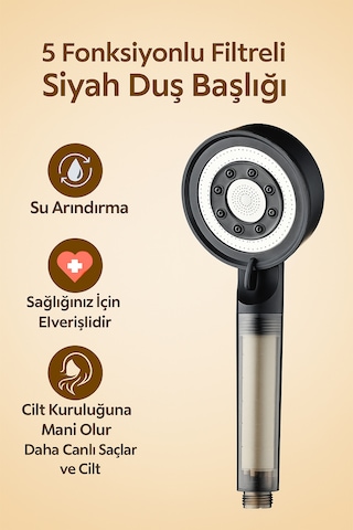 Filtreli Duş Başlığı Seti 3 Yedek Filtre + Harici Su Arıtma Aparatı 2 Aşamalı Filtrasyon Siyah