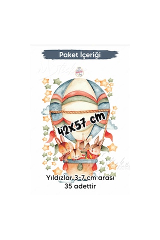 Balonda Uçan Tavşan Ailesi Ve Yıldızlar Suluboya Tonlarında Tavşan Ailesi Çocuk Odası Duvar Sticker Seti