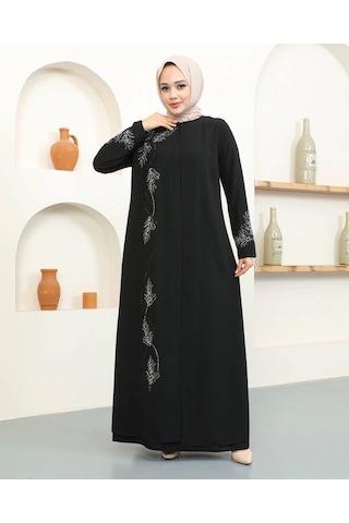 Büyük Beden Taş Detaylı Anne Elbisesi - Siyah / E0129 Siyah