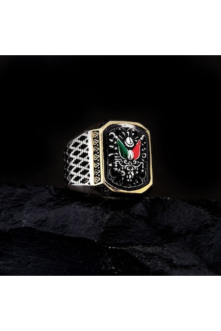 925 Ayar Gümüş Mineli Osmanlı Devlet Armalı Erkek Yüzük Çok Renkli