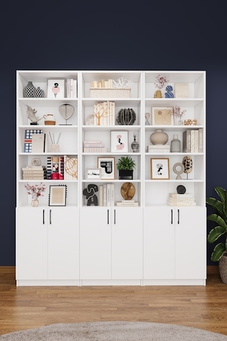 Asra Trend K-50 %100 MDF 180 cm 3 Modüllü Kapaklı Kitaplık Raflı Kütüphane Beyaz