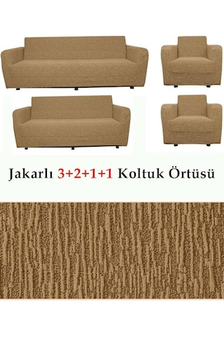 StarMall Jakarlı Çubuk, Düz Desen 3 2 1 1 Lastikli Koltuk, Kanepe, Çekyat Örtüsü, Kılıfı Esnekli Kahve