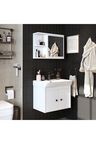 Lavabolu Mat Suntalam 60 Cm Banyo Dolabı + Aynalı Üst Dlp Beyaz Mat Beyaz