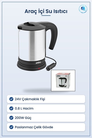Araç İçi Su Isıtıcı Kettle 24v 0.8l 200w Paslanmaz Çelik Çakmaklı