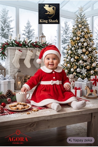 Kingshark King Shark Kız Bebek Yılbaşı Kostümü, Şapkalı Kırmızı Noel Baba Bebek Elbisesi Seti