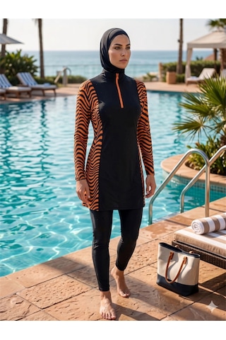 Lisinya Closet Zebra Desenli Fermuarlı Tam Kapalı 3 Parça Spor Likralı Tesettür Mayo Takımı Çok Renkli