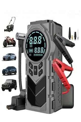 8000mah Dijital Ekranlı Araba Akü Takviye'li Kompresör Araç Lastik Şişirme Hava Pompası - 150psı Siyah