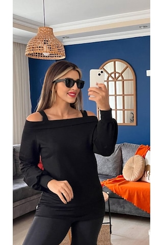 Leyla Sanat Sanata Yeni Bir Bakış Açısı Kadın Askılı Iki Omuzu Açık Salaş Yün Viskon Bluz Siyah