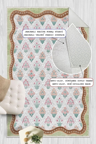 Floral Desen Çerçeveli Baskılı Kaymaz Yıkanabilir Salon Oturma Odası Mutfak Antre Halısı Yolluk Yeşil